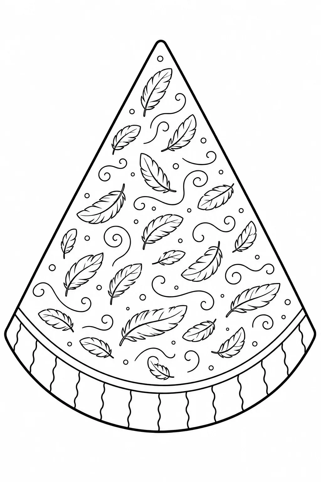 Soft floating feathers and decorative swirls inside a watermelon slice coloring page.