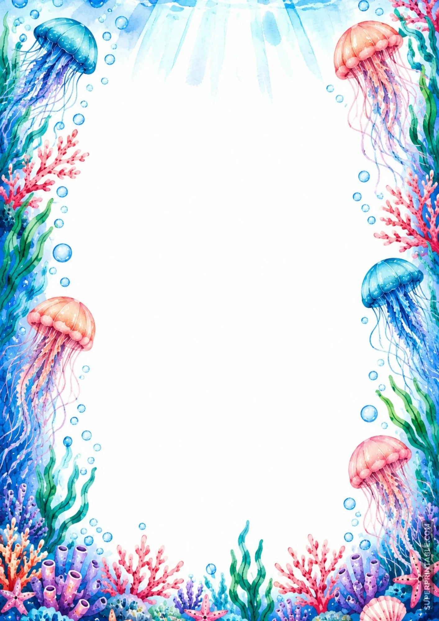 Aquarium colored border pages showing graceful jellyfish floating in sunlit water.