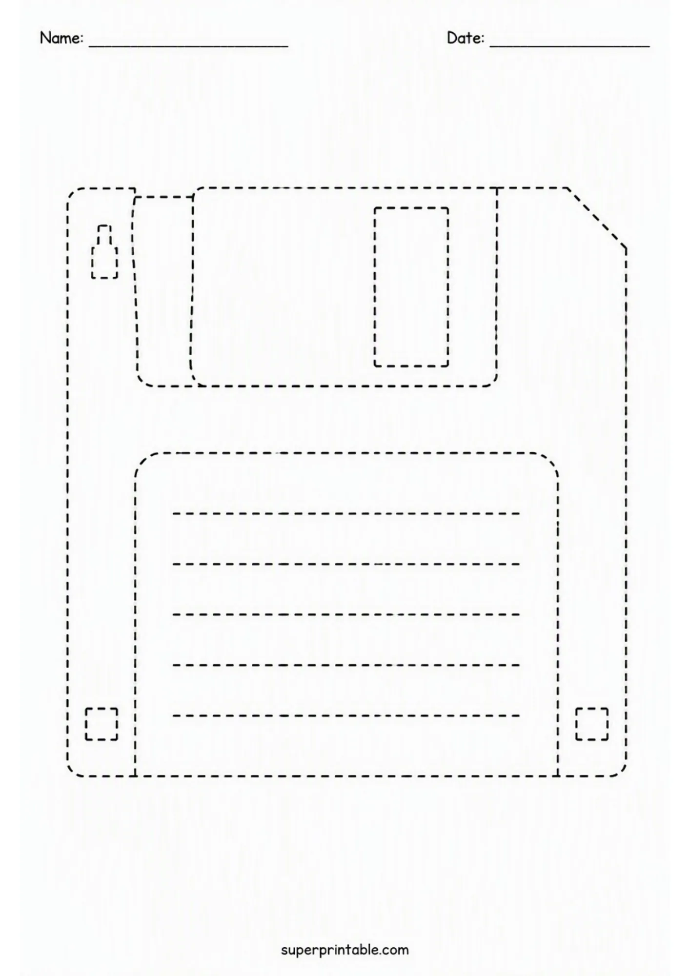Classic computer floppy disk tracing worksheet with dashed lines.