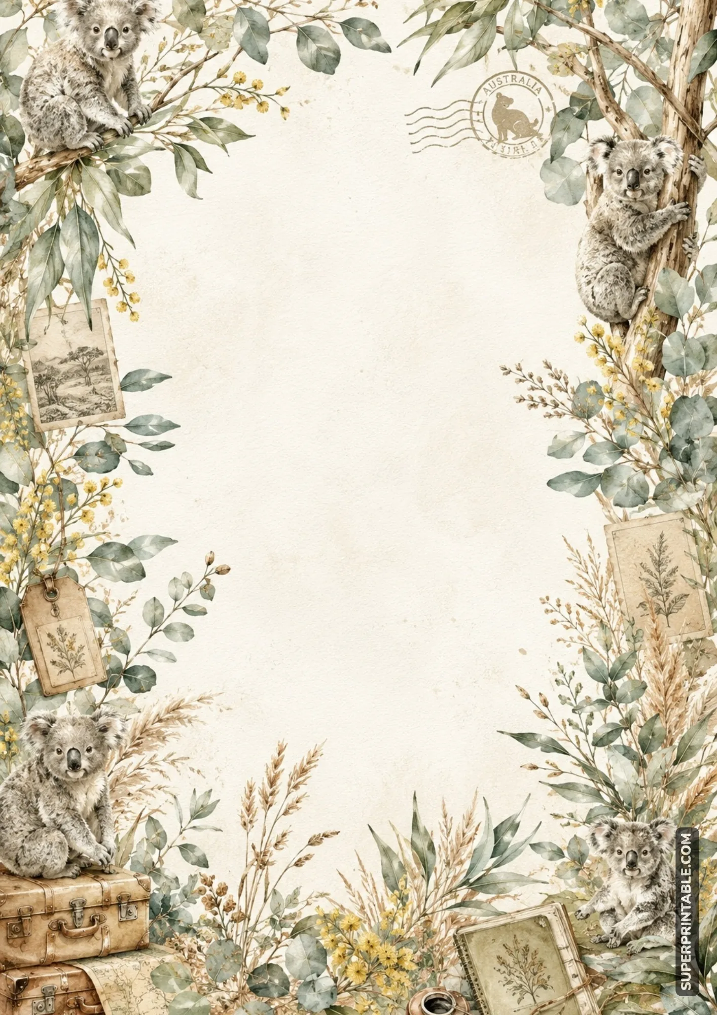Vintage floral writing page with flowers, grasses, leaves, and open center