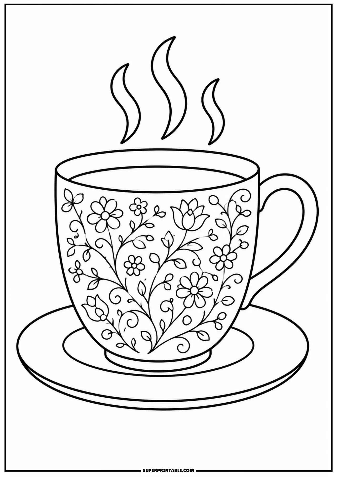 Detailed line art of a vintage teacup and saucer decorated with blossoming flowers and leafy botanical vines.