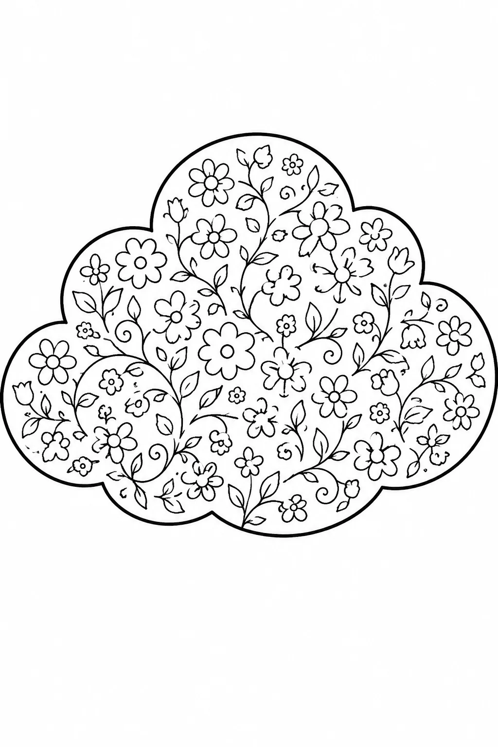 Floral cloud coloring pages filled with blooming flowers and vines to color.
