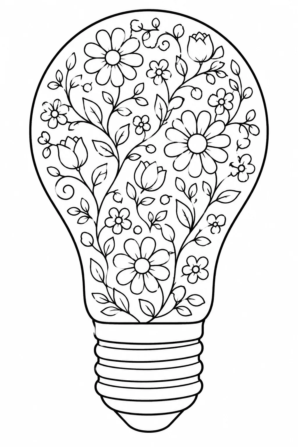 Detailed floral pattern inside a light bulb outline featuring daisies and garden leaves for coloring.