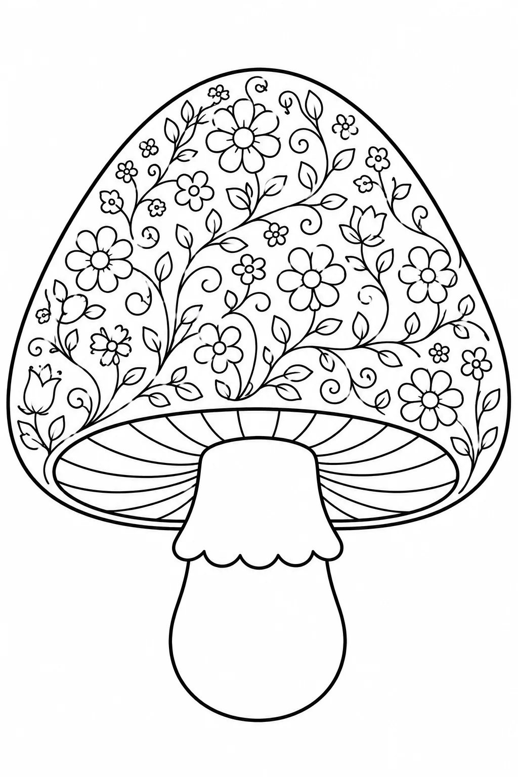 Detailed mushroom cap filled with flowers, leaves, vines, and botanical patterns