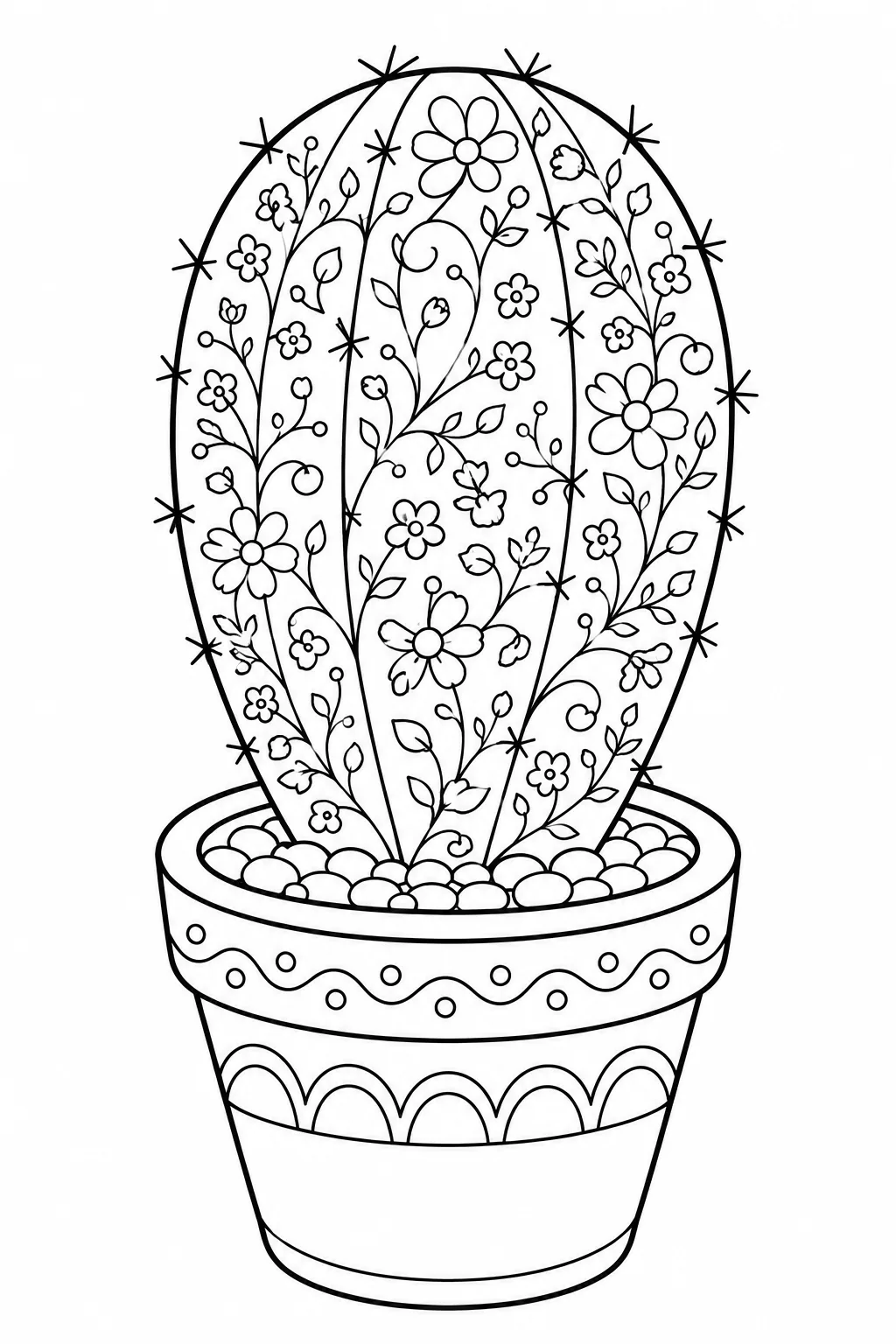 Detailed floral pattern with blooming flowers inside a cactus.