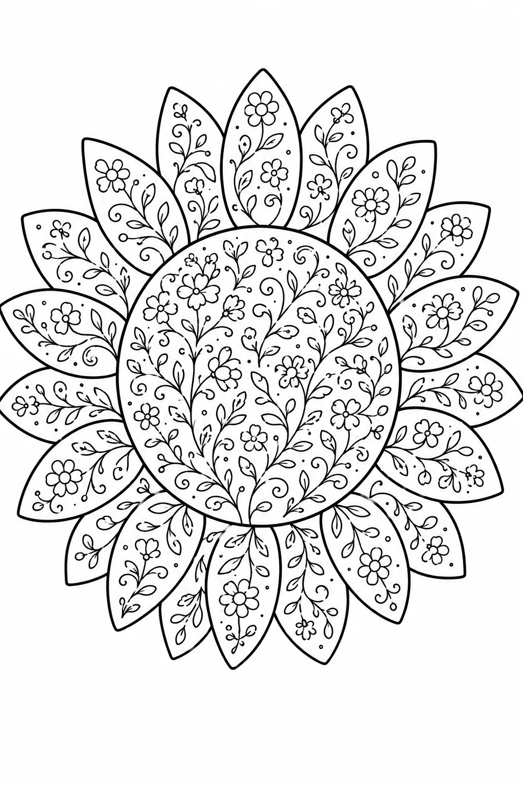 30+ sunflower coloring pages collection featuring intricate floral patterns and leafy vines.