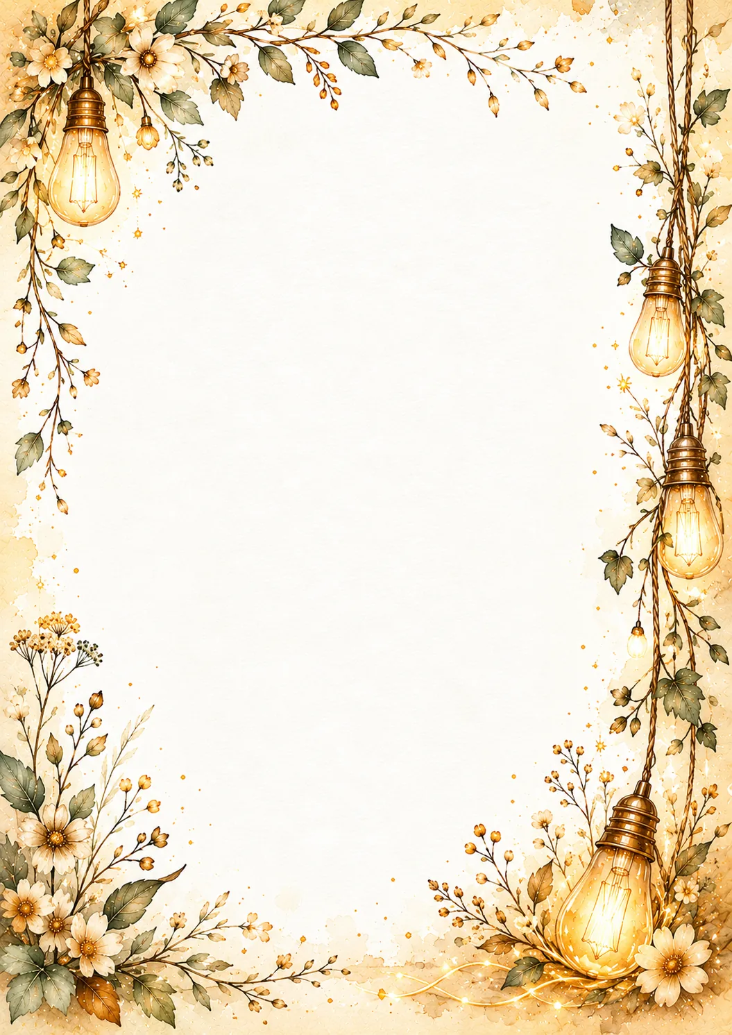 Glowing string bulbs surrounded by cream flowers, sage leaves, and warm golden watercolor details