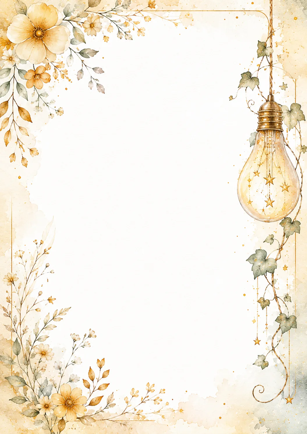 Vintage glowing bulb with ivy vines and cream watercolor flowers framing blank writing space