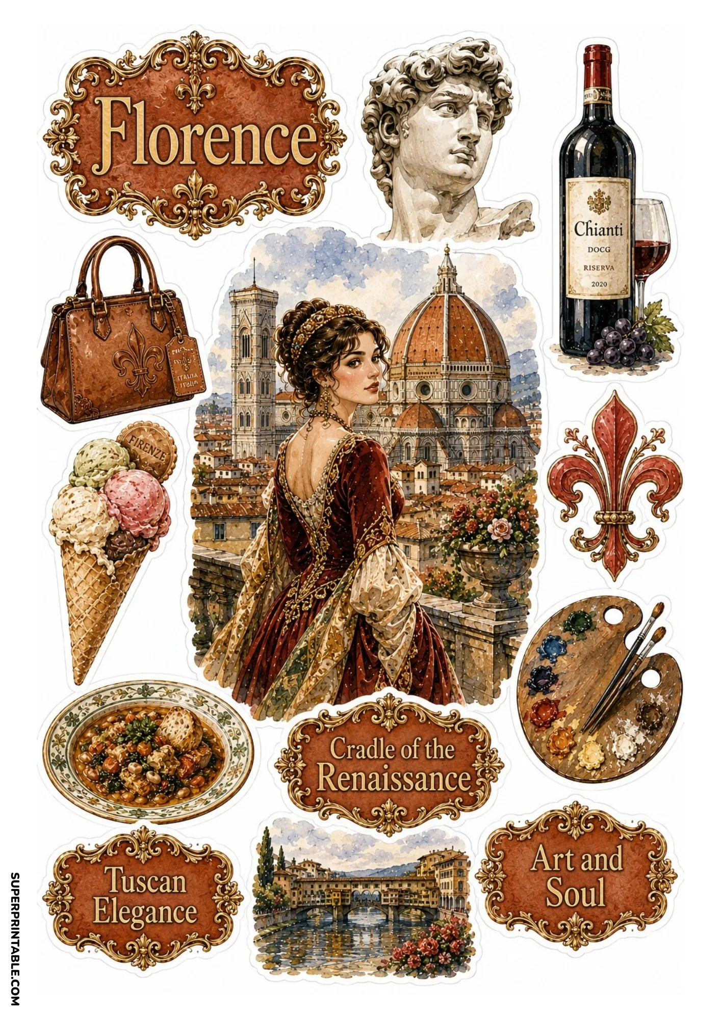 Printable Florence sticker sheet featuring Duomo cathedral, gelato, and Tuscan wine