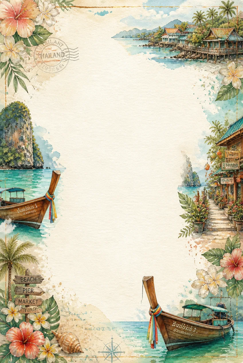 Pastel resort villas and palm trees watercolor frame around an open writing paper center.
