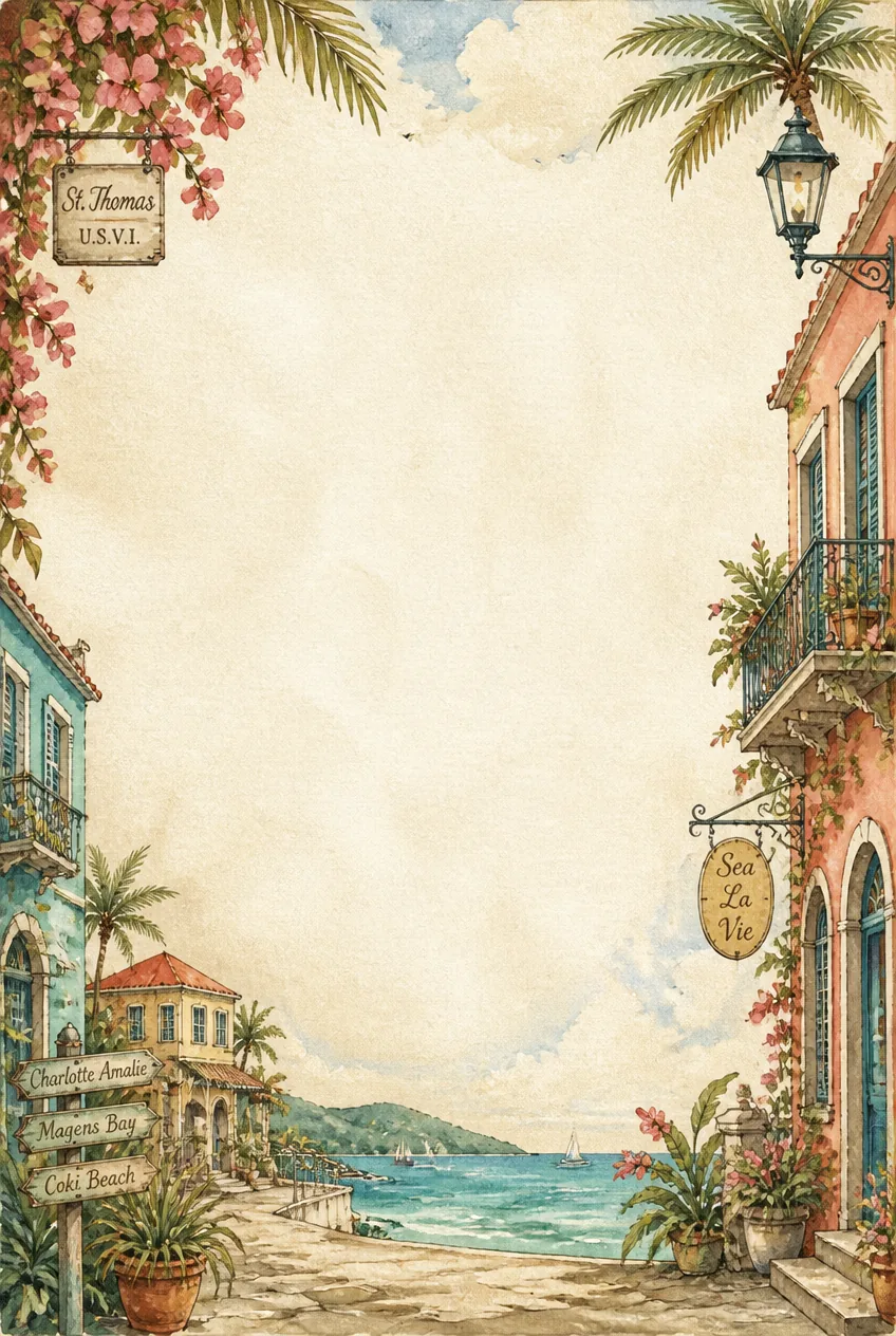Sun-washed beach bungalows and turquoise ocean waves framing a clean cream writing paper.