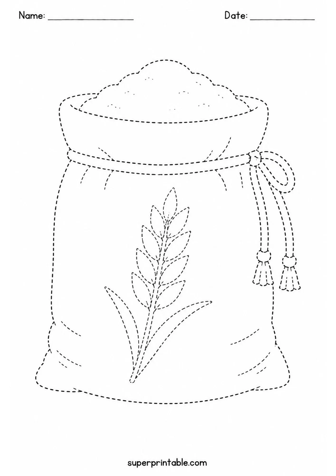 Flour bag with wheat emblem line tracing sheet for preschool activity time.