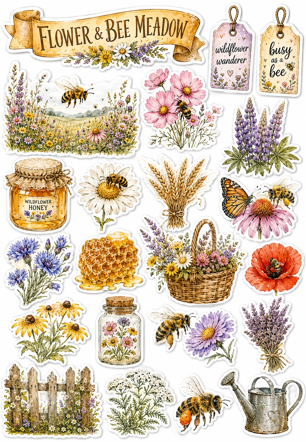 Flower Bee Meadow Daisies Honey Jar Sheet featuring honeybees, beekeeping, honey jars, wildflowers, and honeycombs.