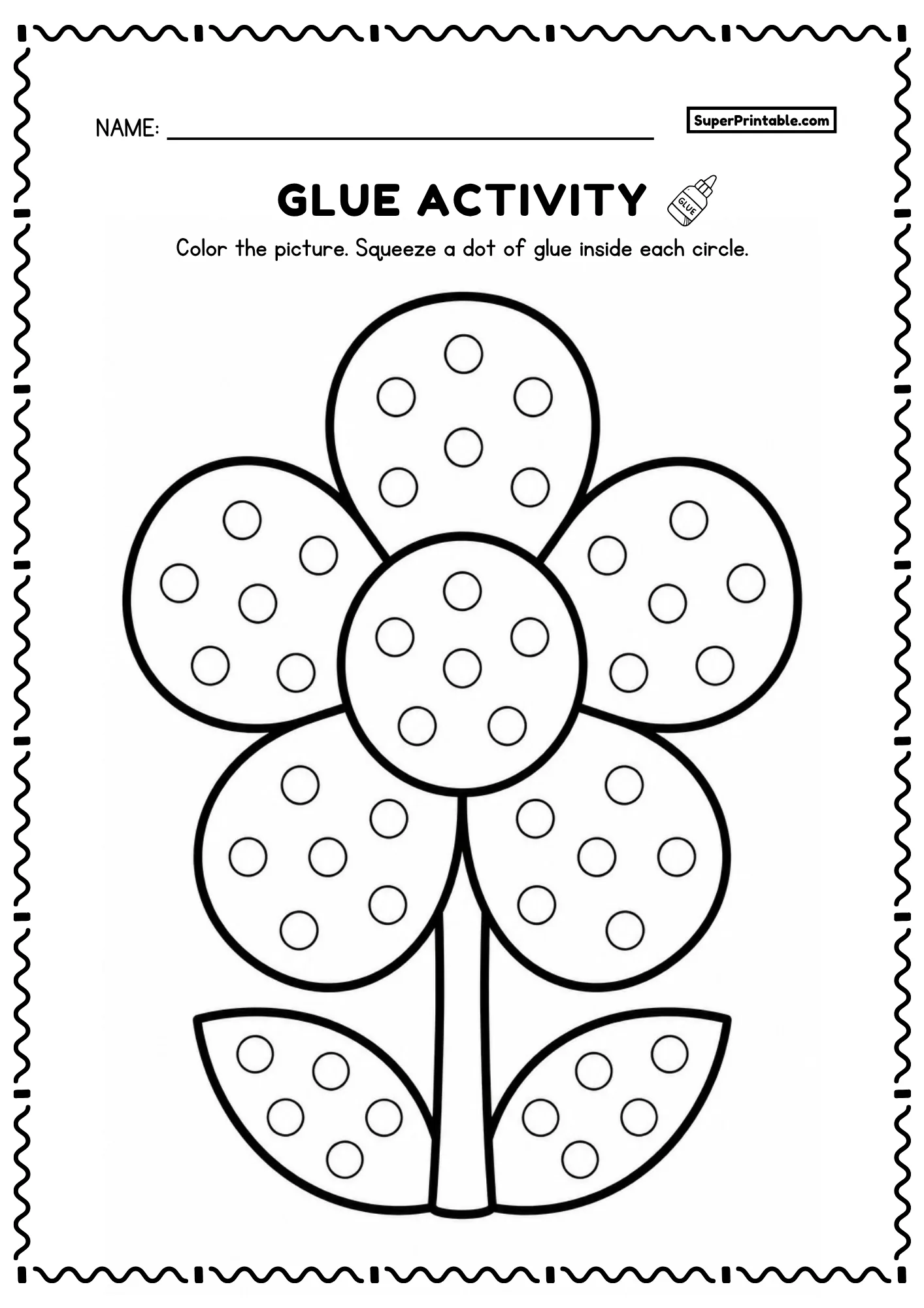 Five-petal flower printable glue worksheet with stem and leaf and dot circles for kids