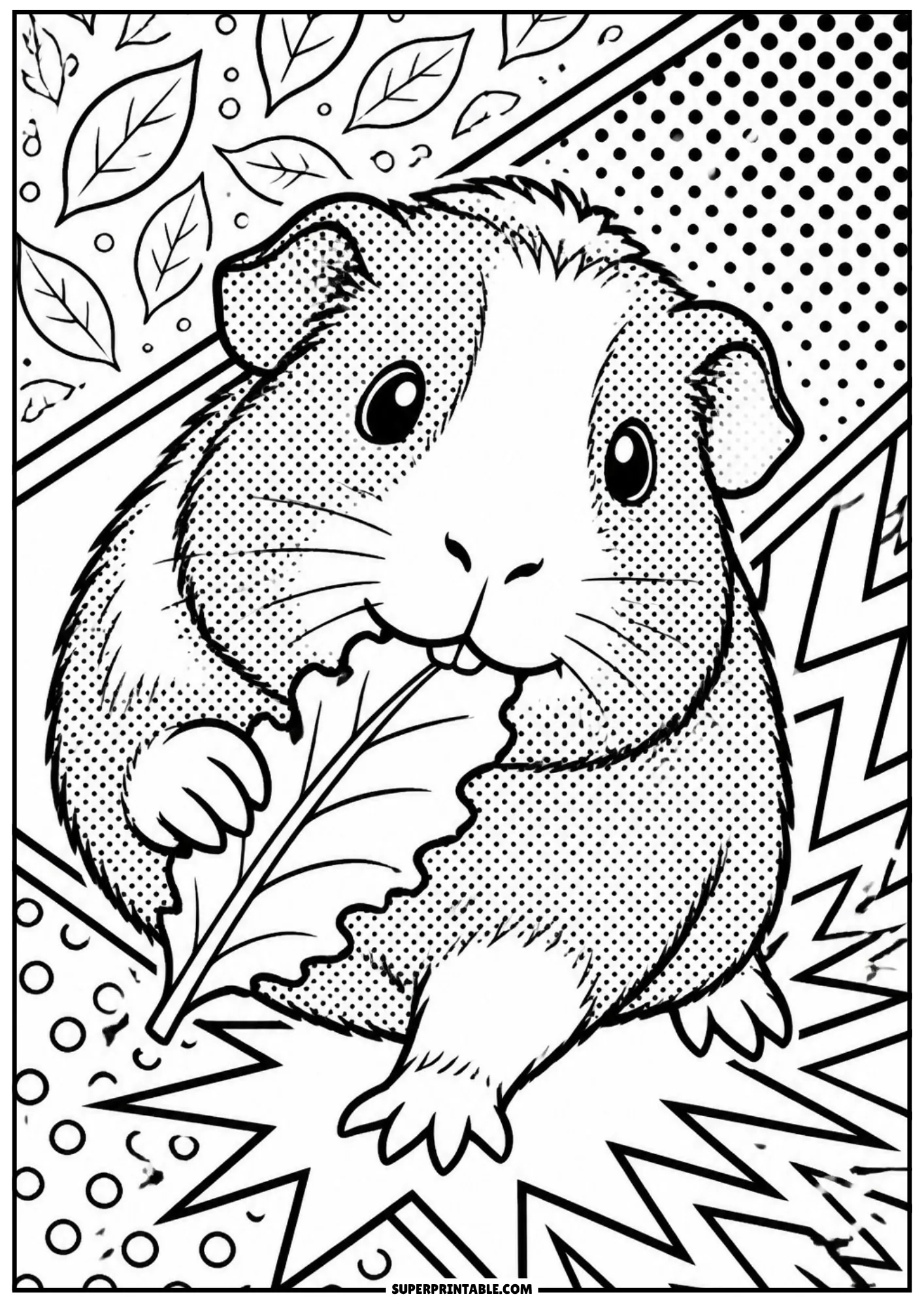 Adorable fluffy guinea pig munching on a green leaf with pop art comic leaf and dot patterns.