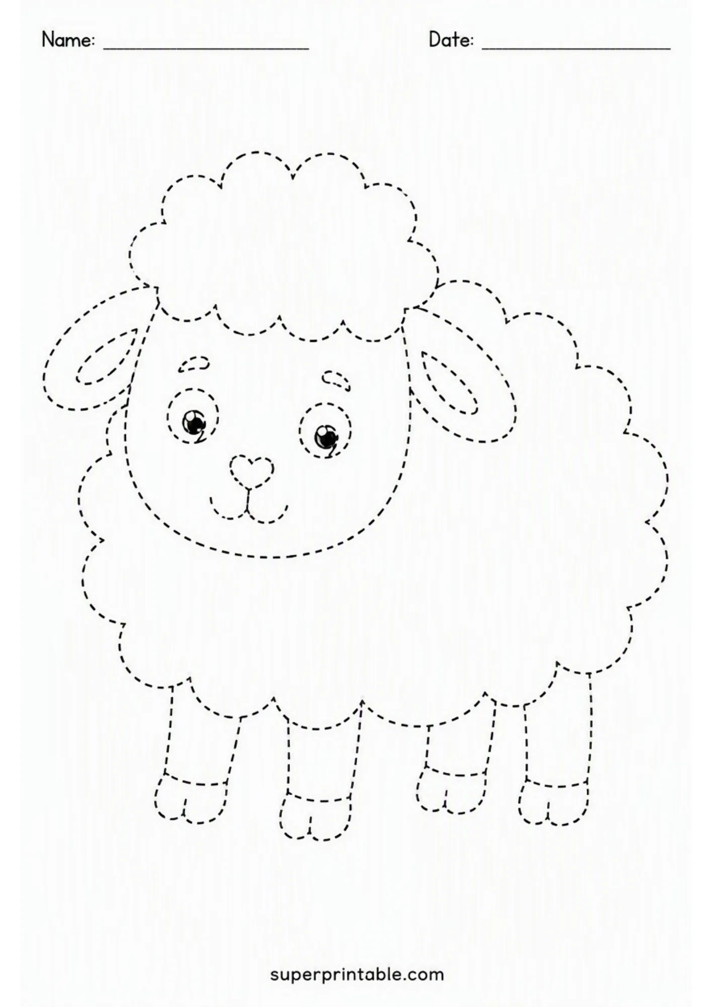 Dashed line tracing worksheet of a fluffy cartoon lamb with a heart-shaped nose and split hooves.