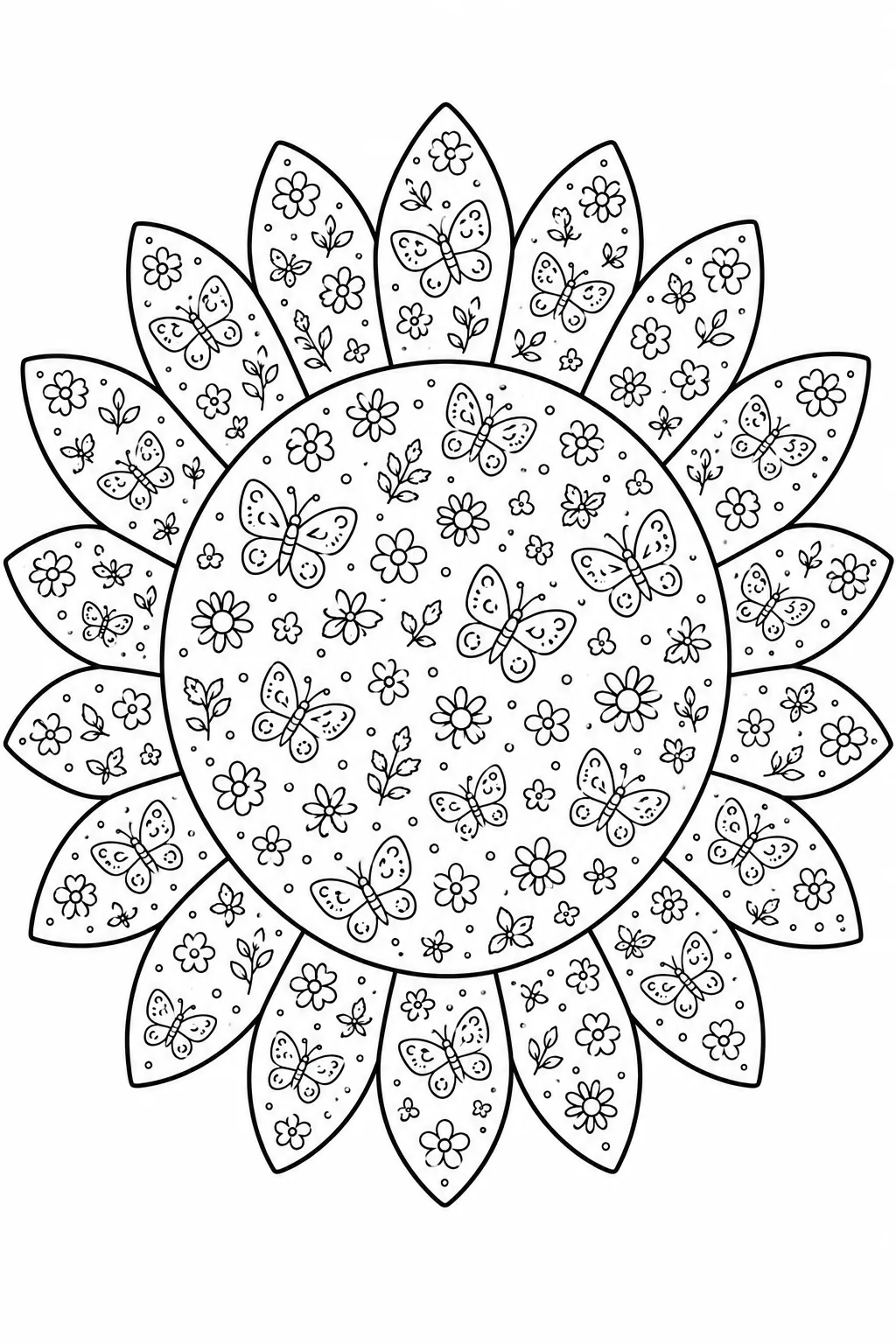 Ornate sunflower pattern sheet packed with small fluttering butterflies and blossoms.