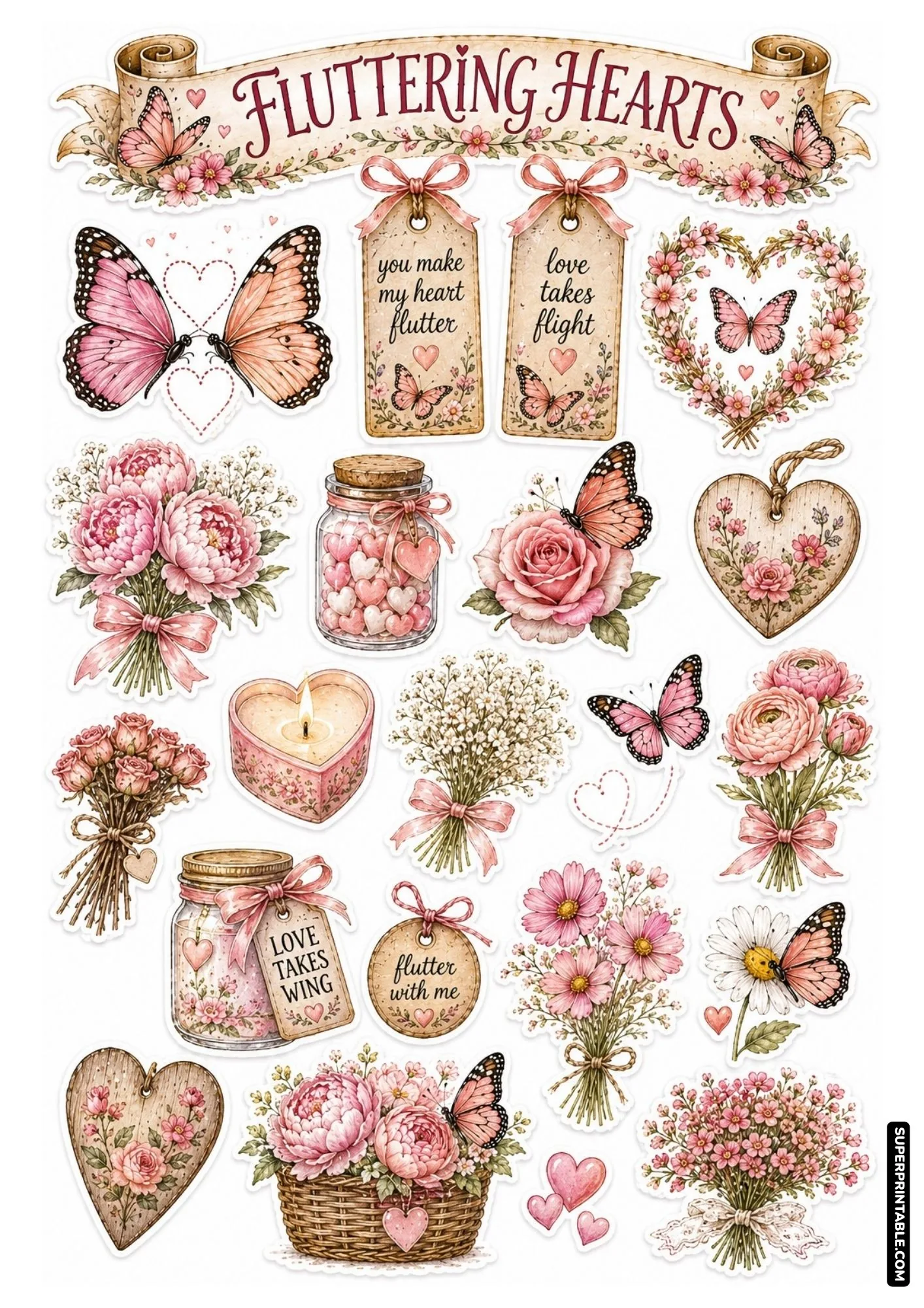 Romantic Valentine butterfly sticker sheet featuring heart paths, twig heart wreaths, candy jars, and love tags.