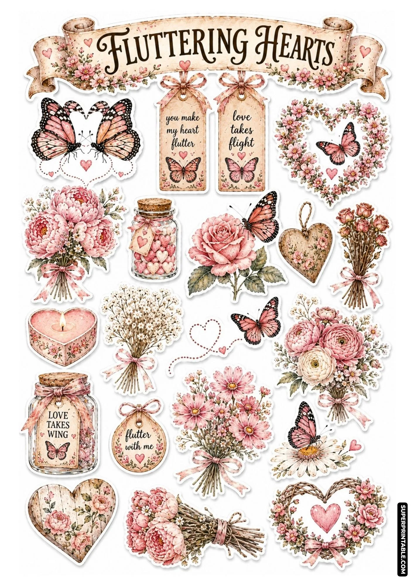 Romantic butterfly sticker sheet with heart floral wreaths, pink roses, and love themed craft tags.
