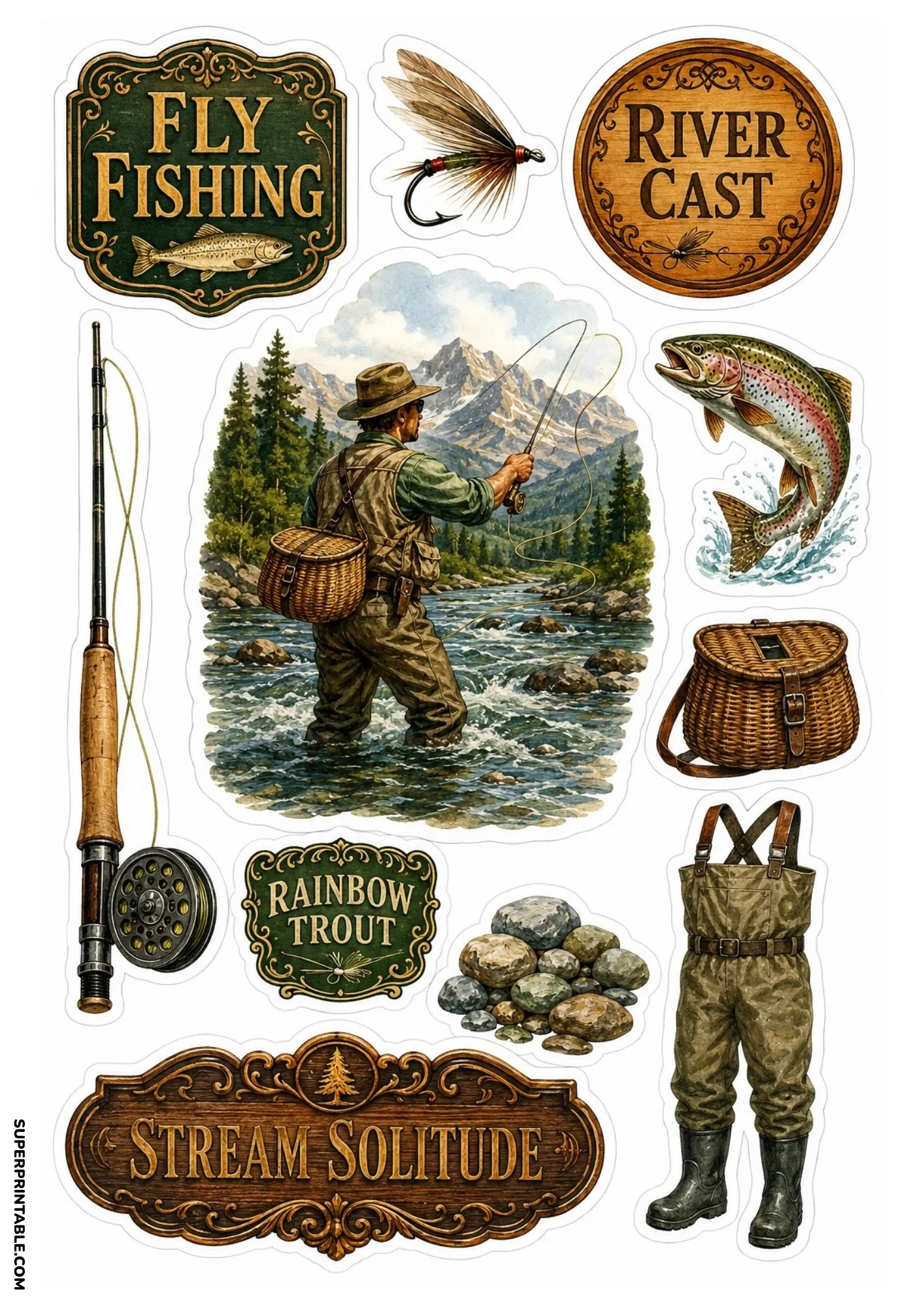 Fly fishing sticker sheet showing an angler casting in a river, leaping trout, fishing rod, wicker creel, waders, and wooden signs.