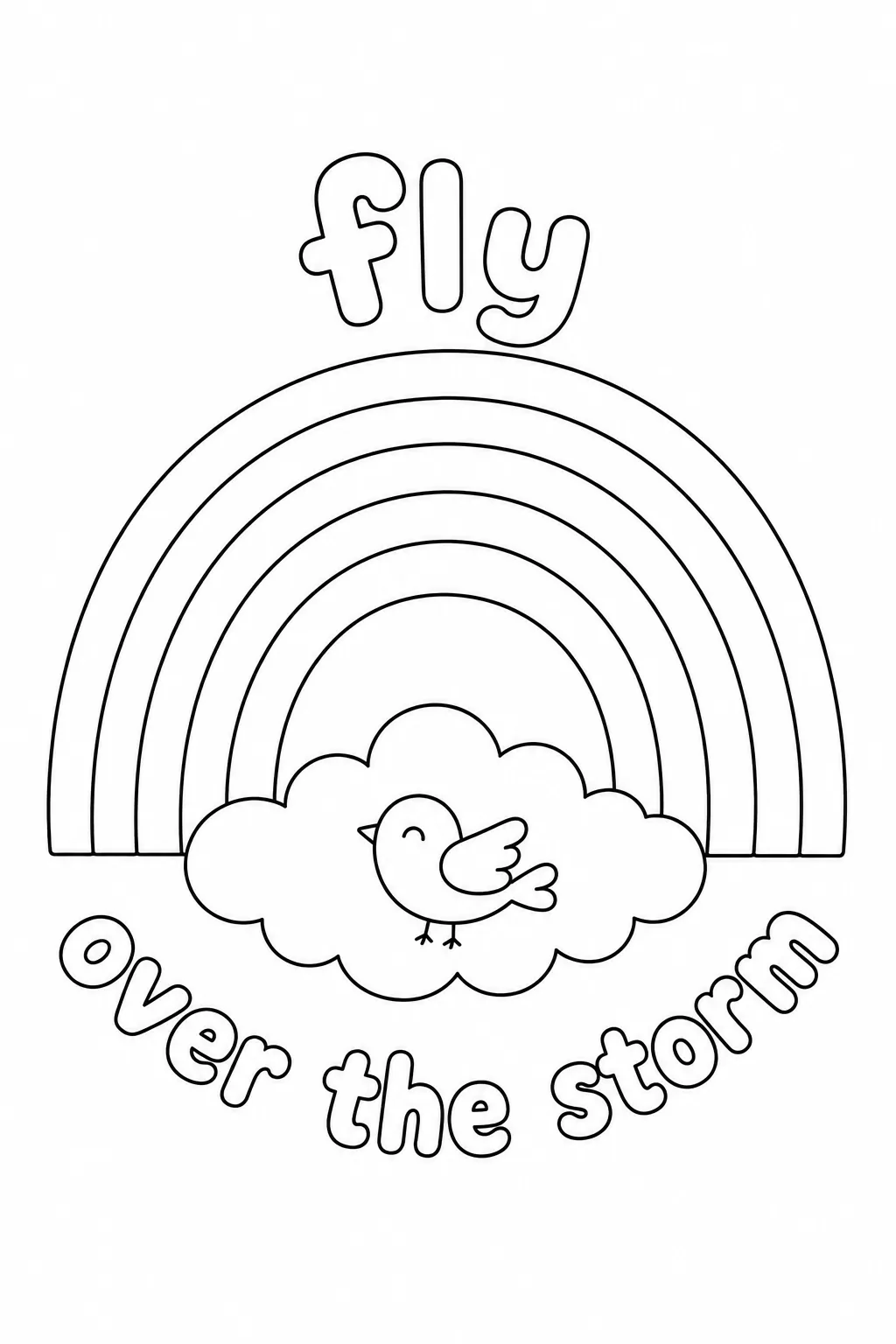 Fly Over the Storm rainbow page with a small bird flying above clouds