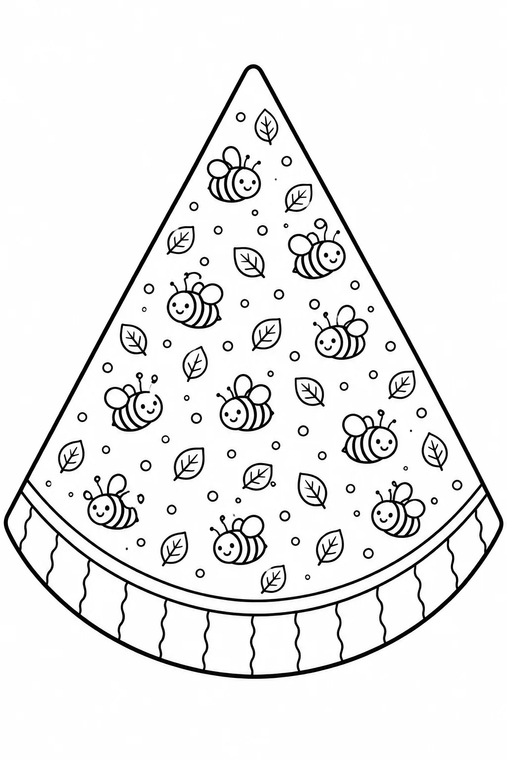 Cute cartoon honeybees hovering among leaves on a watermelon slice coloring sheet.