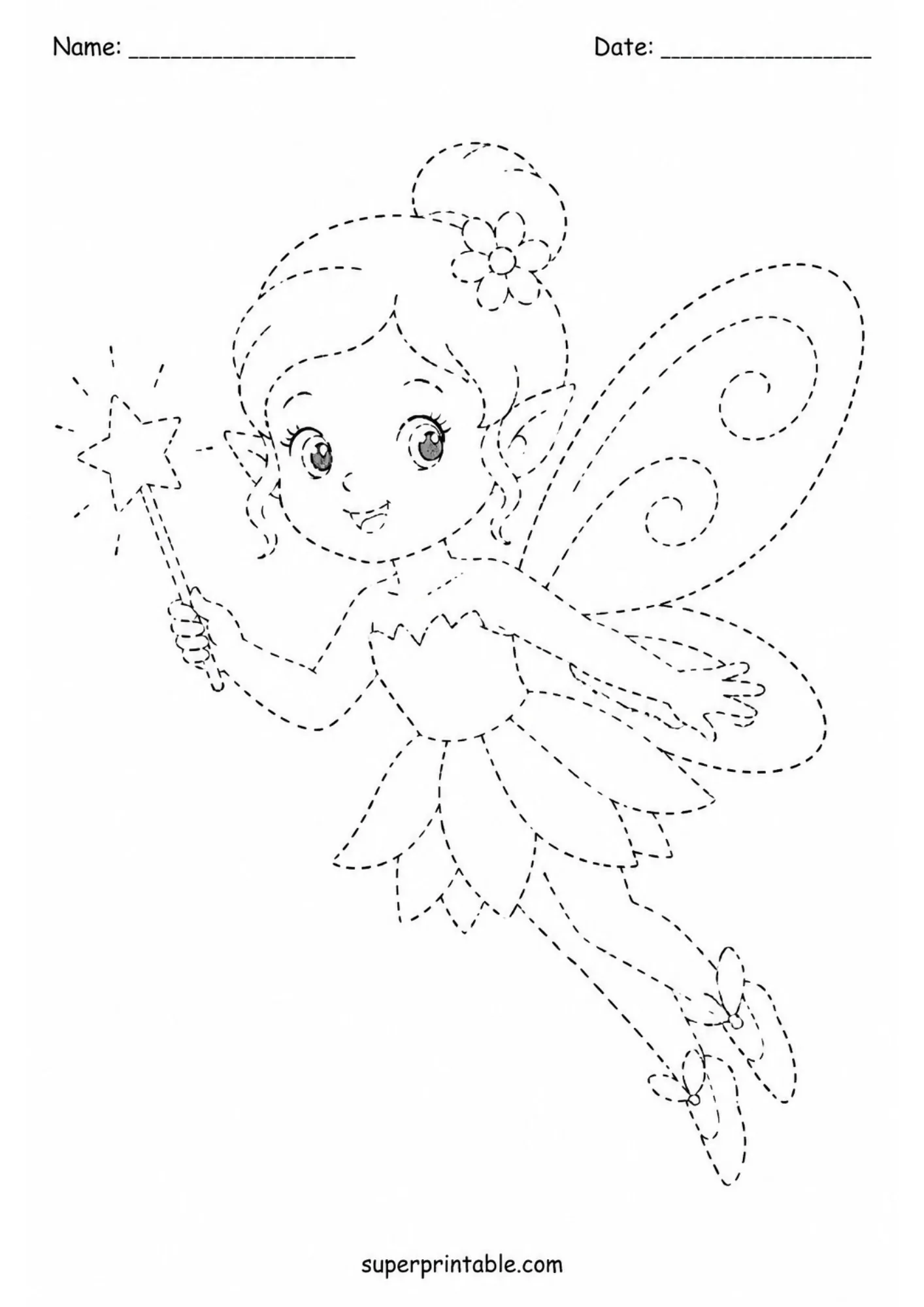 Flying fairy girl with wings holding a star magic wand drawn in dashed tracing lines.