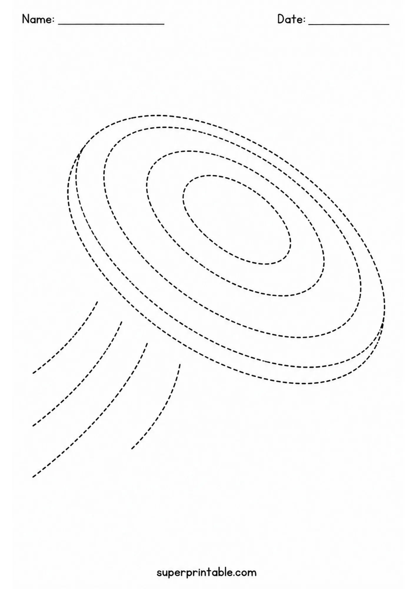 Dashed line tracing page showing a flying frisbee disc moving through the air for kids.