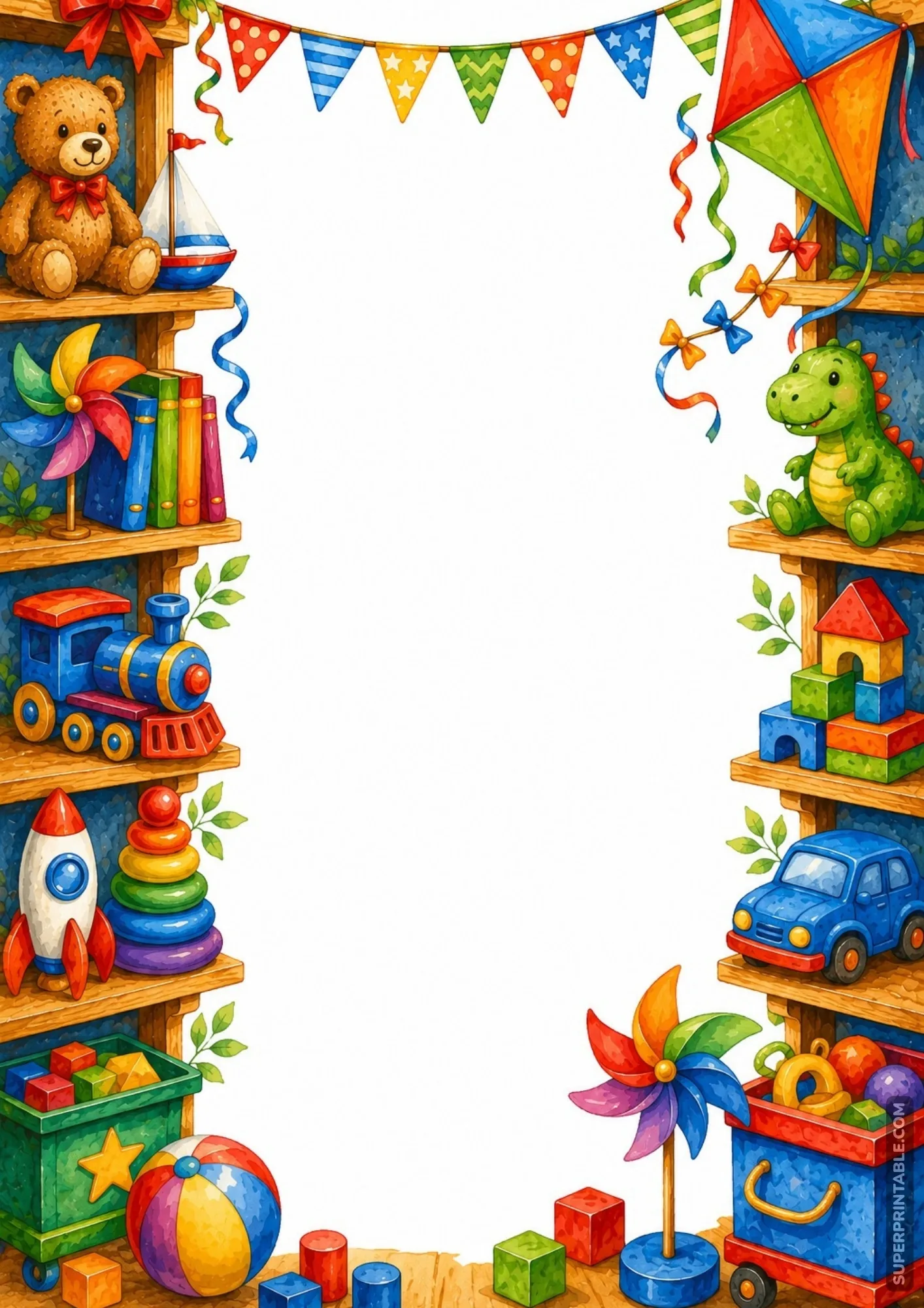 Playful page border with a colorful flying kite and a small blue vintage toy car.