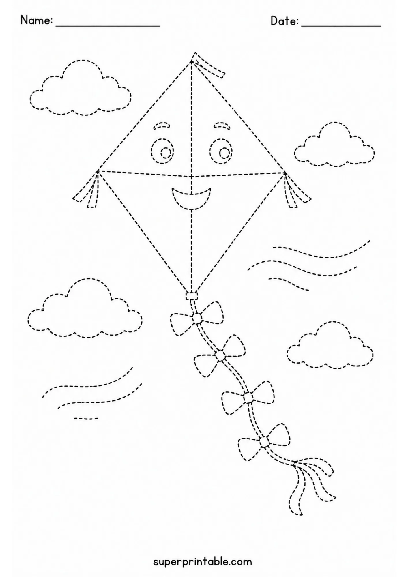 Fun flying kite and clouds line tracing worksheet for early childhood summer activity.