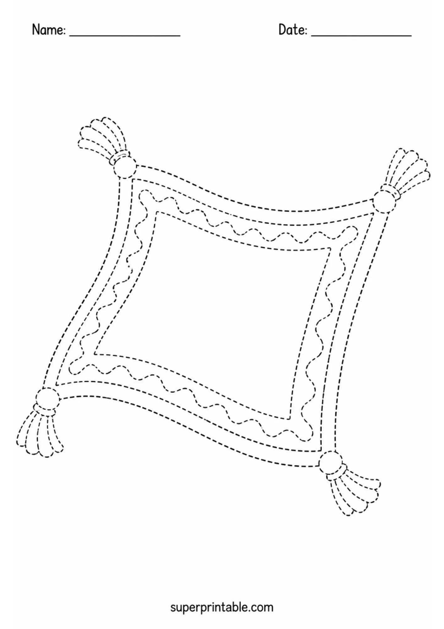Flying magic carpet featuring wavy decorative patterns and corner tassels in dashed lines.