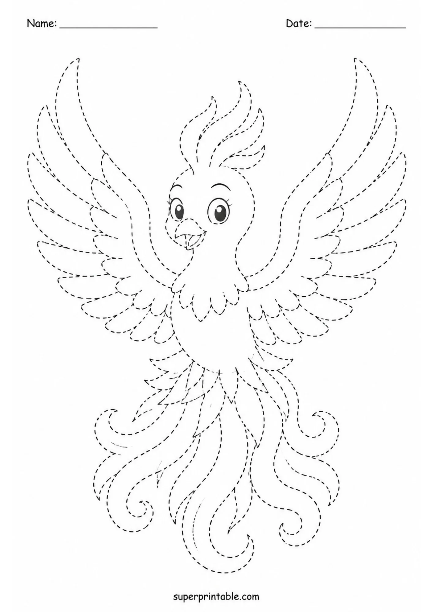 Mythical phoenix bird rising with outstretched wings and long feather tail in dashed lines.