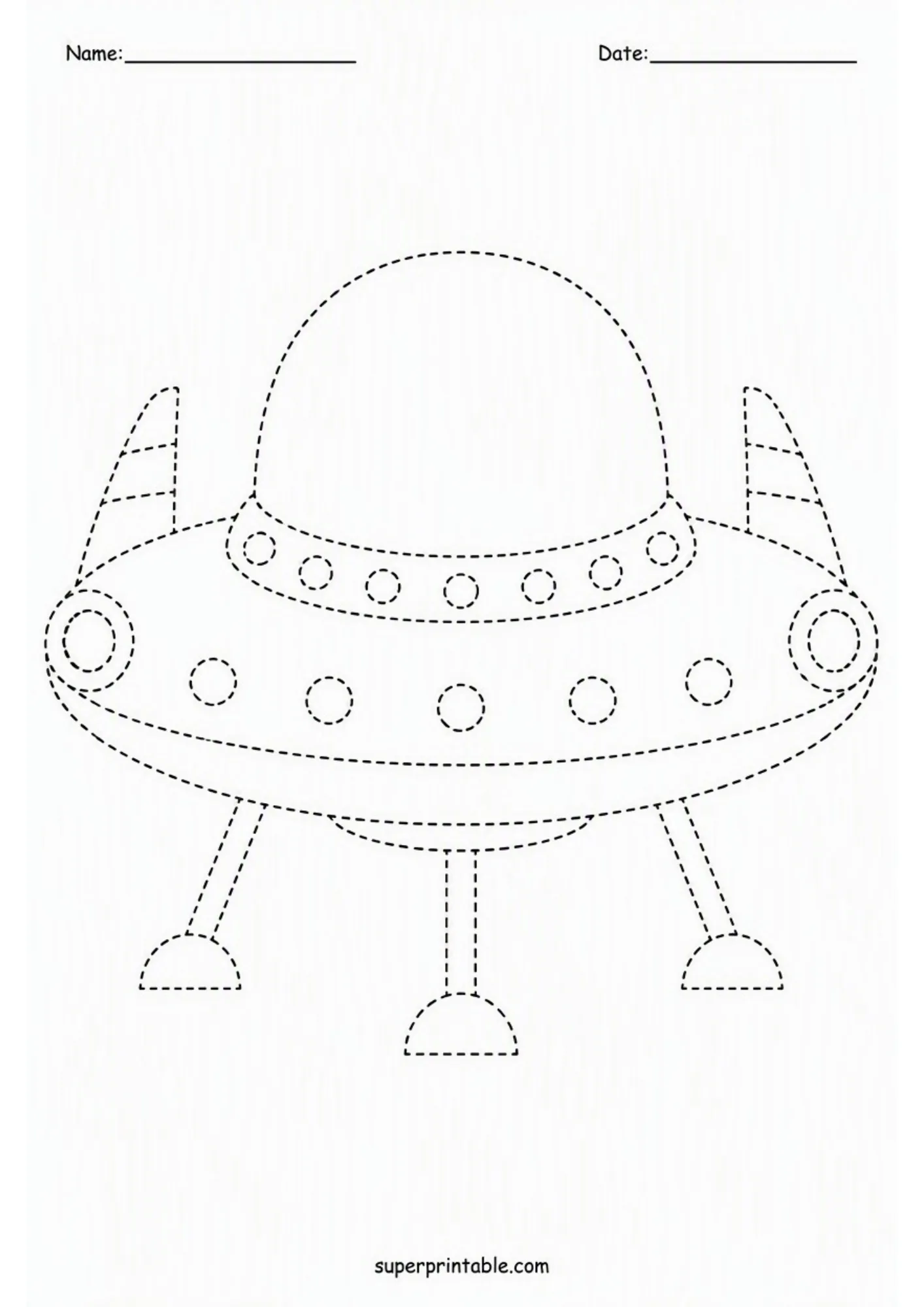 Printable line tracing page of a classic flying saucer UFO with landing legs for early handwriting practice.