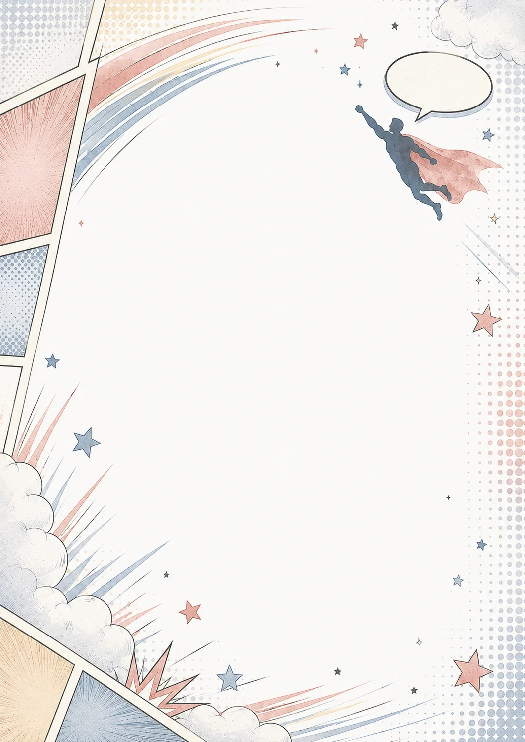 Comic border showing a flying superhero with action lines, stars, clouds, and colorful panels