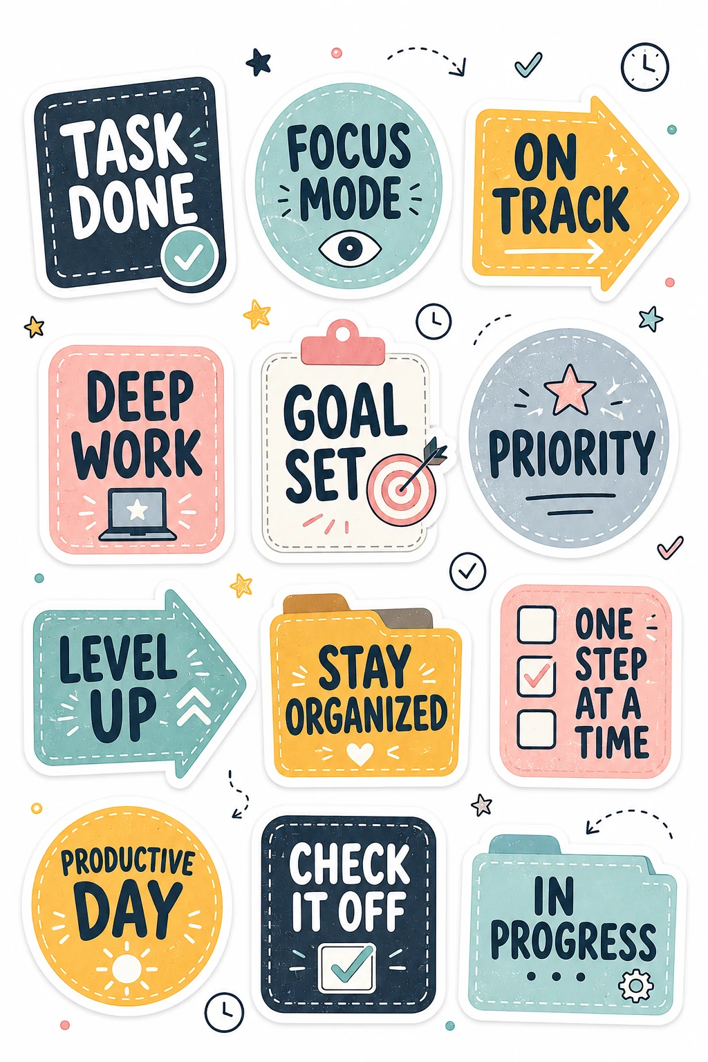 Focus Mode Deep Work Planner Stickers featuring daily motivation, praise badges, daily affirmations, and school rewards.