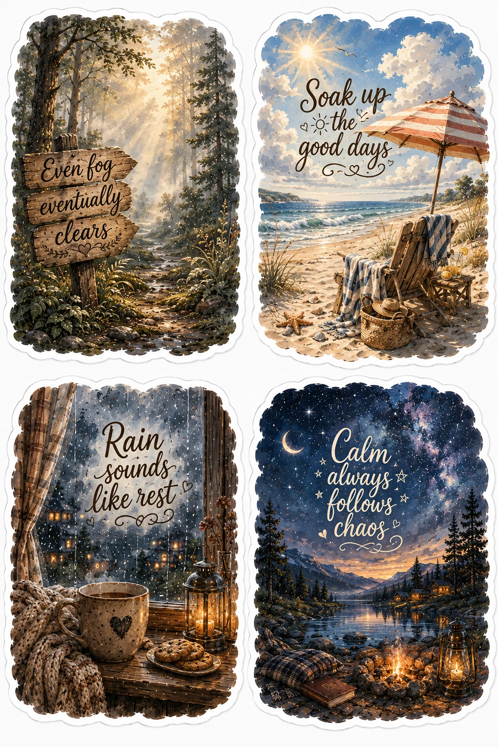 Fog Clears Soak Good Days Rain Sounds Sheet featuring scenic nature landscapes, peaceful weather aesthetic, seasonal changes, and calm quotes.