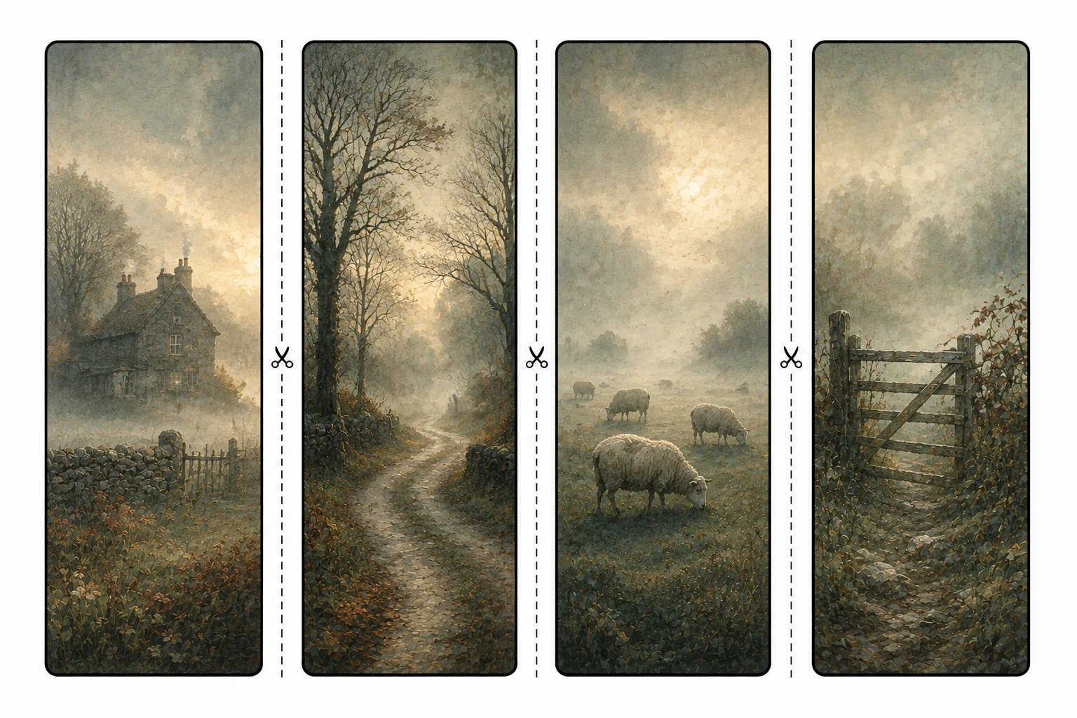 Four printable countryside bookmarks with a stone farmhouse in fog, a bare-tree lane, grazing sheep, and a weathered wooden gate