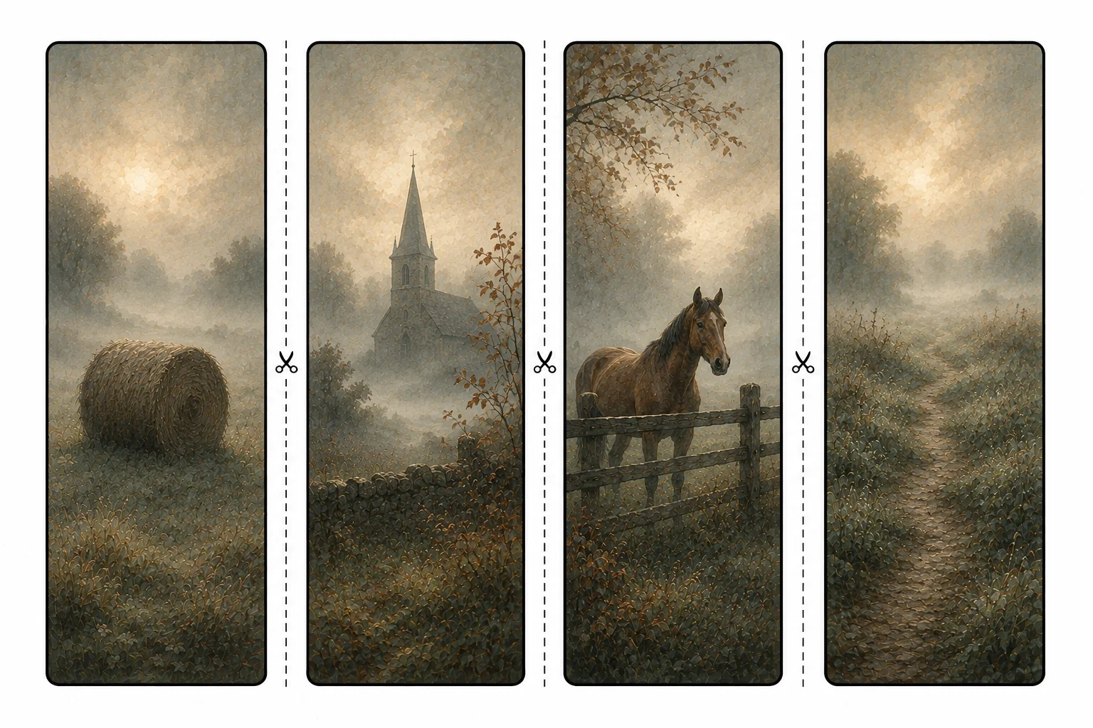 Four printable countryside bookmarks with a hay bale in fog, a church steeple, a horse at a fence, and a worn grassy path