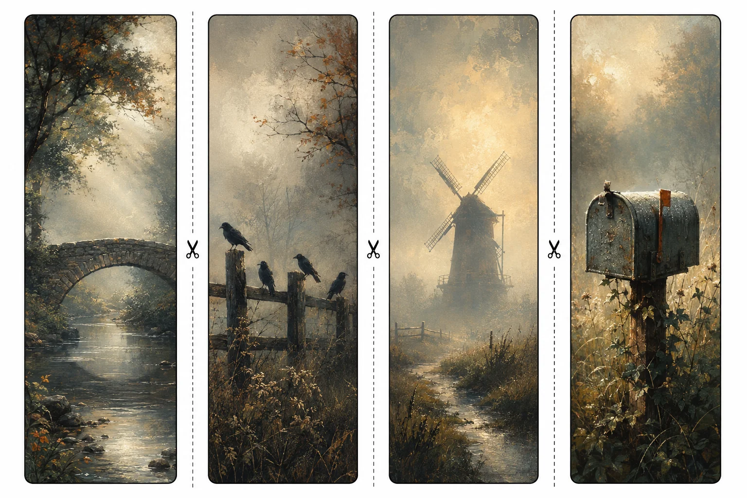 Four printable countryside bookmarks with a stone bridge over a stream, crows on a fence, a foggy windmill, and a dew-covered mailbox