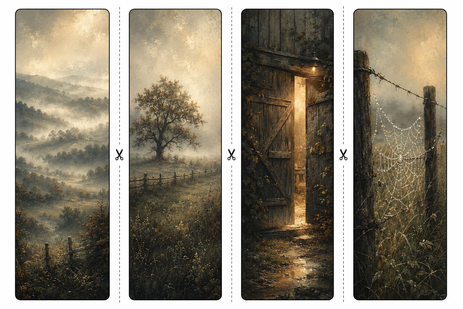 Four printable countryside bookmarks with foggy rolling hills, a lone tree in a pasture, a barn door spilling warm light, and a dewy spiderweb