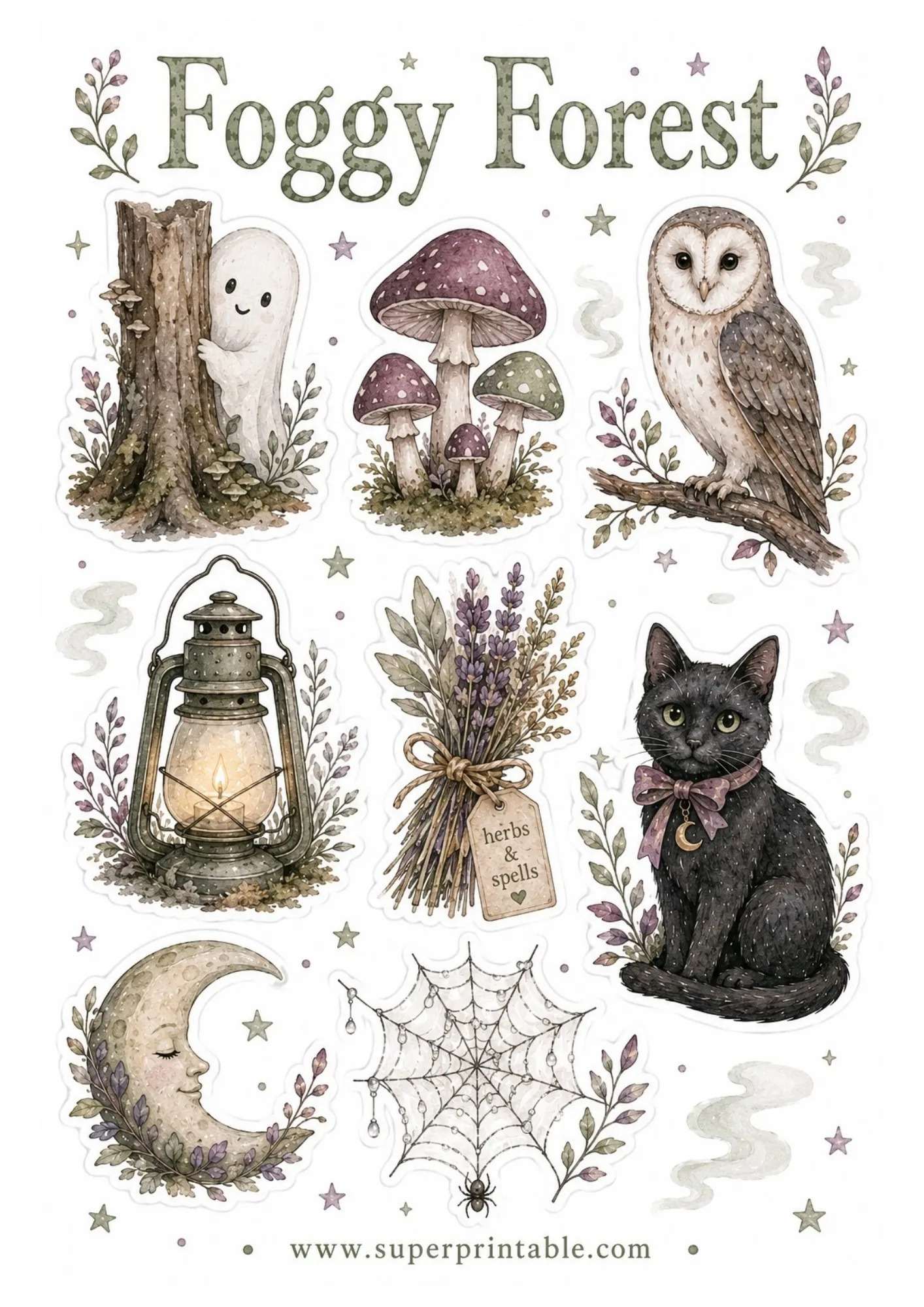 Printable mystical forest sticker sheet featuring watercolor ghost by tree, purple mushrooms, barn owl, lantern, herb bundle, black cat, and crescent moon.