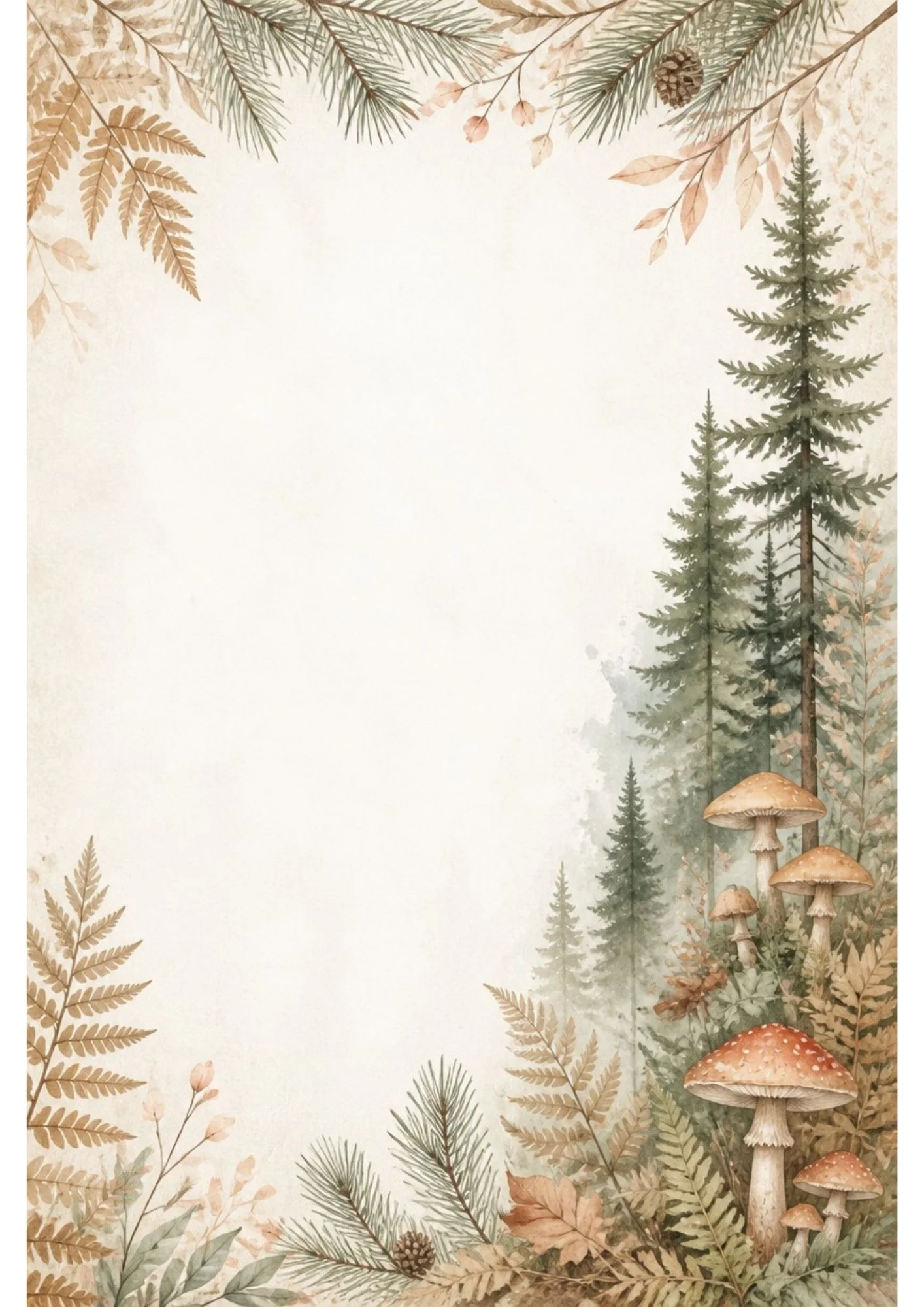 Watercolor border page with dried fern fronds, pine sprigs, and a cluster of tan and red-capped mushrooms beside tall pine trees