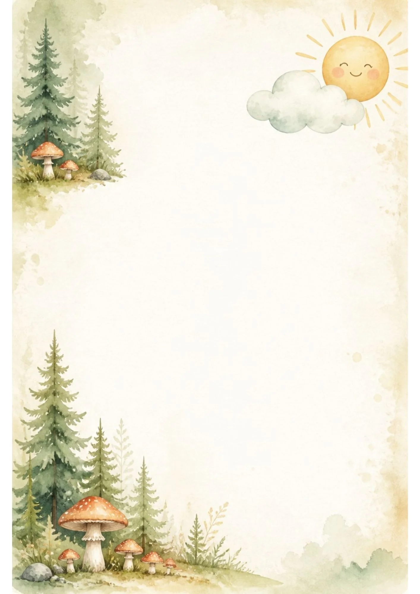 Watercolor page with pine trees, red-spotted toadstools, and a smiling sun peeking behind a fluffy cloud at top right