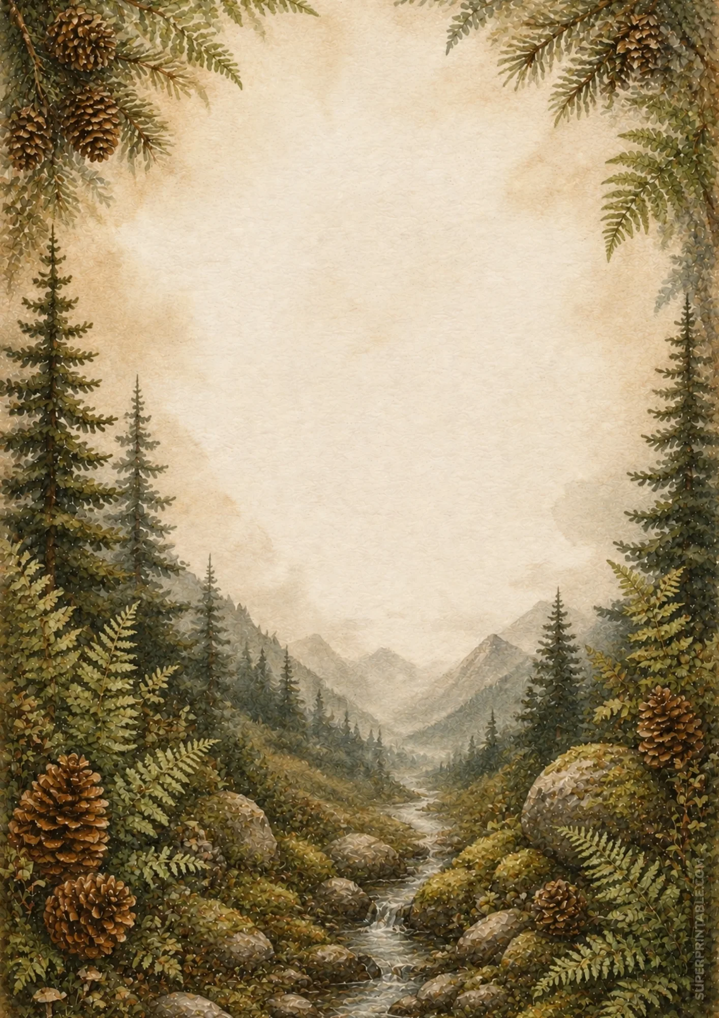 Earthy forest valley stationery border featuring pinecones, green ferns, and winding stream.