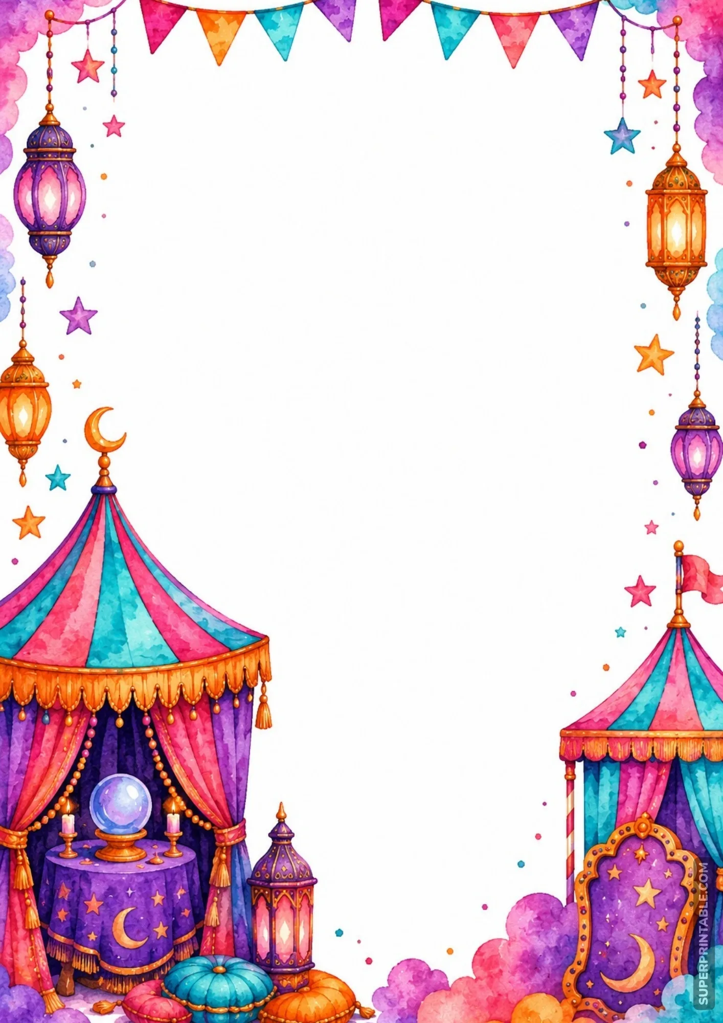 Mystical carnival frame with a fortune teller tent, glowing crystal ball, and lanterns.