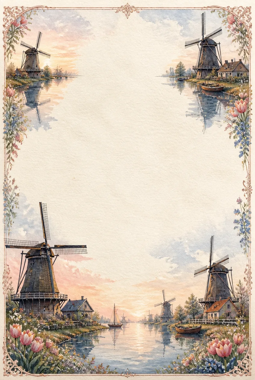 Symmetrical stationery border framed by four wooden Dutch windmills in all four corners.