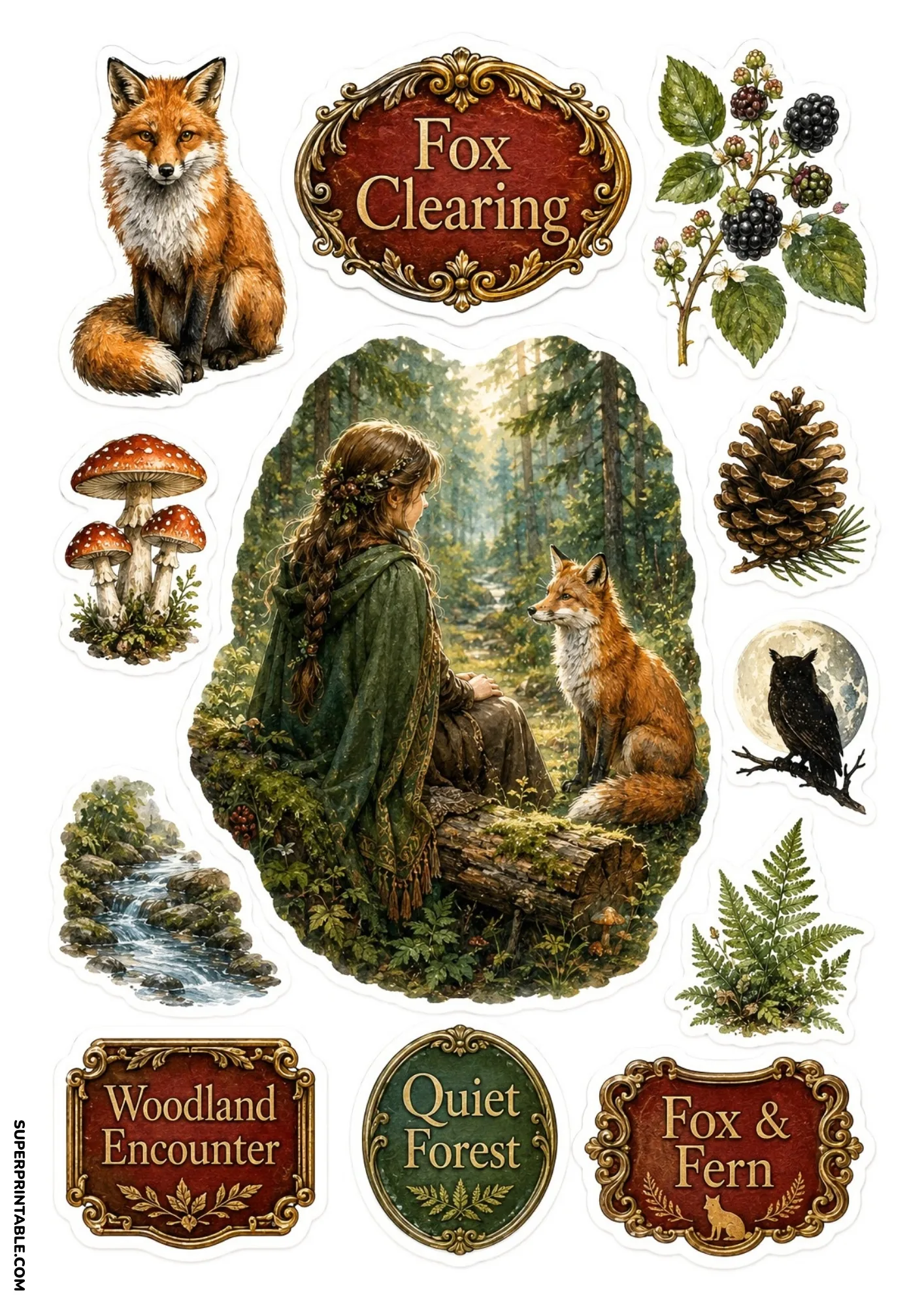 Woodland fox encounter stickers showing a girl in a forest with a wild red fox, owl, and stream motifs.