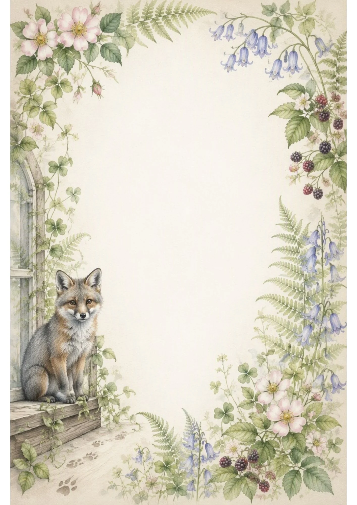 Watercolour border page with a grey fox sitting at a cottage window with ivy, bluebells, blackberries, and pink wild roses