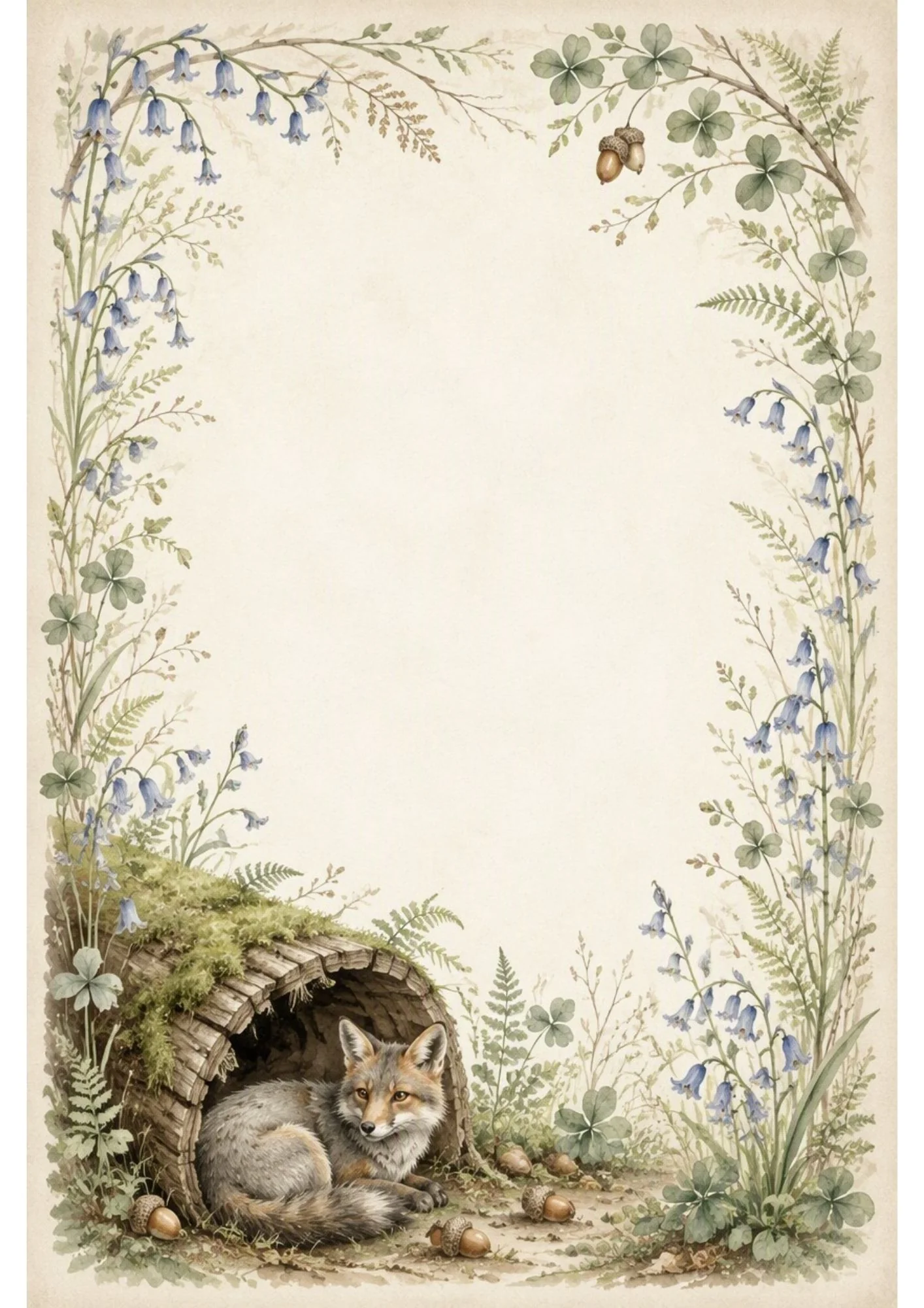 Watercolour border page with a fox resting inside a mossy hollow log, surrounded by blue bellflowers, clover, and an acorn