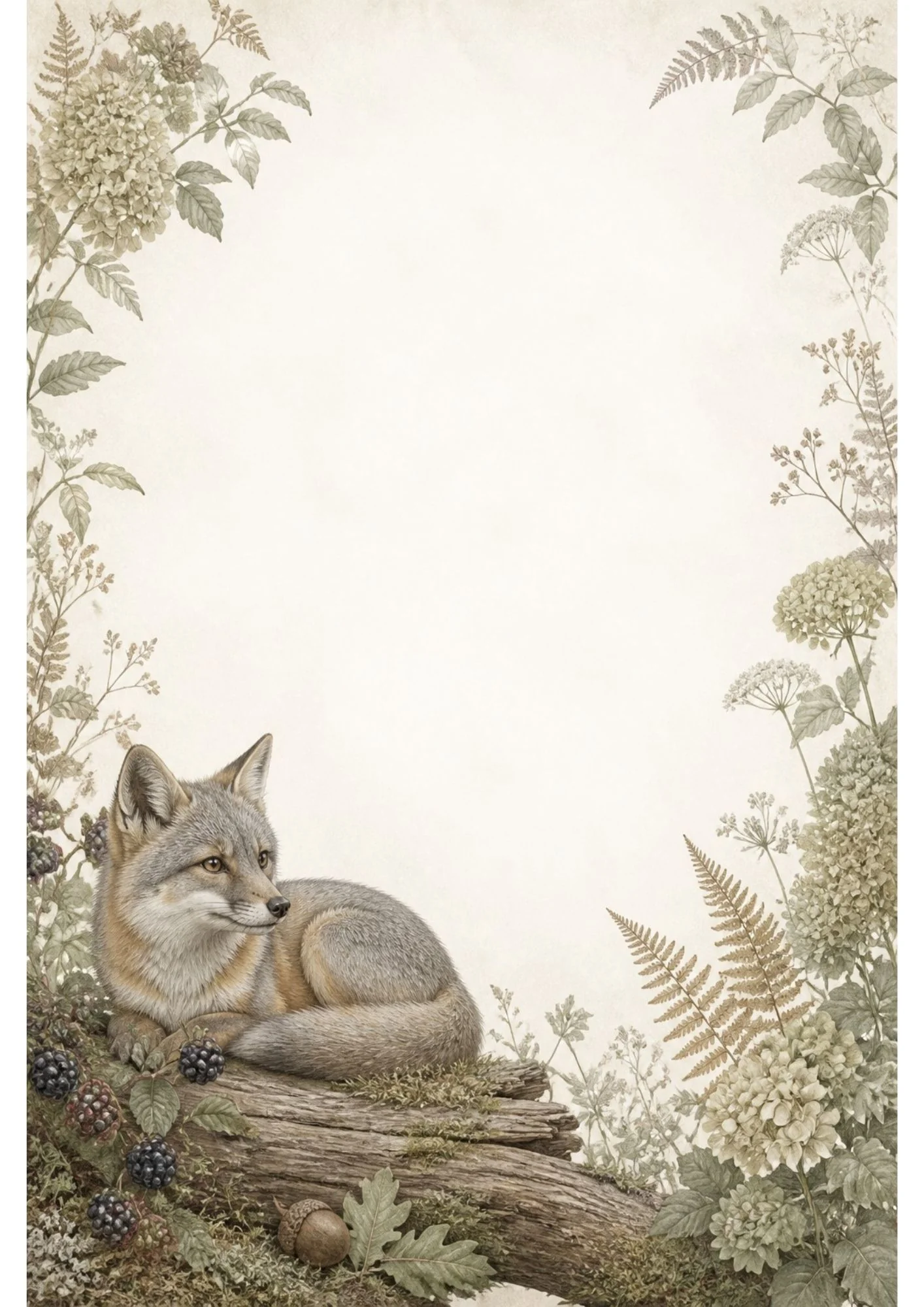 Watercolour border page with a fox resting on driftwood with blackberries, white hydrangeas, and Queen Anne's lace